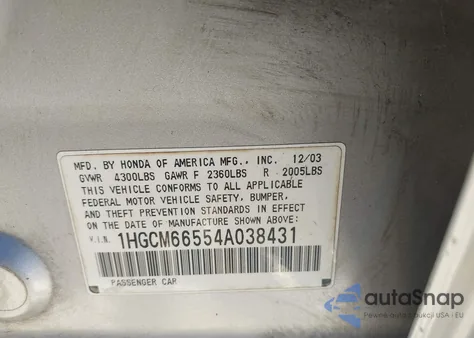2004 Honda Accord 3.0 Ex z USA, uszkodzony, nr VIN 1HGCM66554A038431